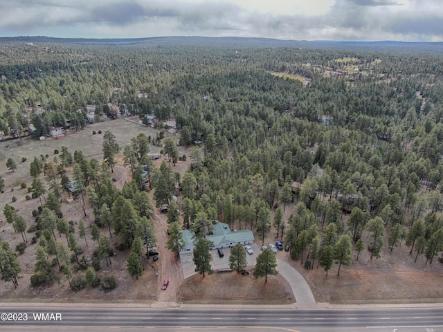 drone / aerial view with a wooded view