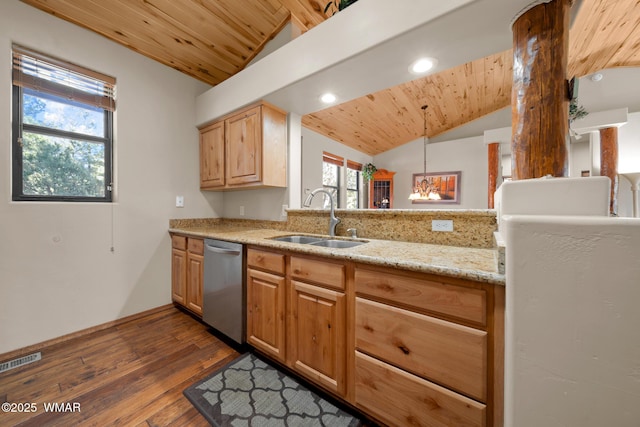 kitchen with visible vents, hanging light fixtures, vaulted ceiling, a sink, and dishwasher