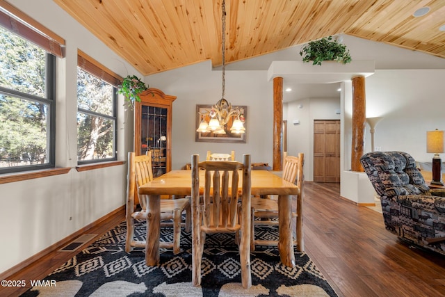 dining space with wooden ceiling, visible vents, vaulted ceiling, and wood finished floors