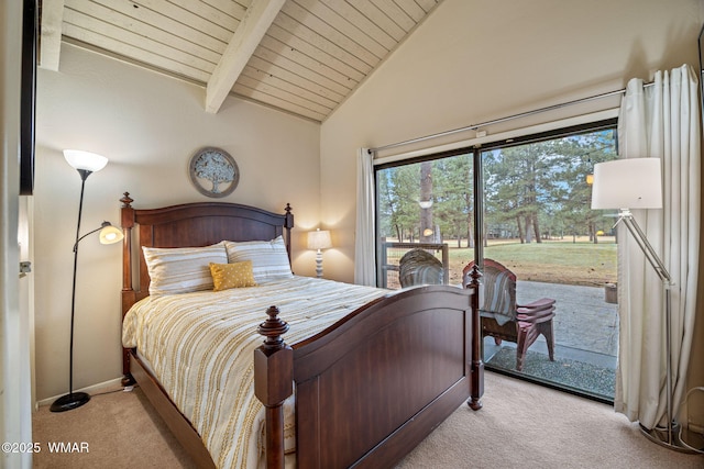 carpeted bedroom featuring access to exterior, wooden ceiling, and vaulted ceiling with beams