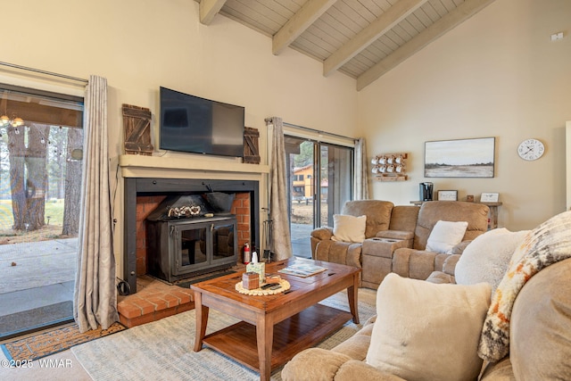 living room featuring high vaulted ceiling, beamed ceiling, and wood ceiling