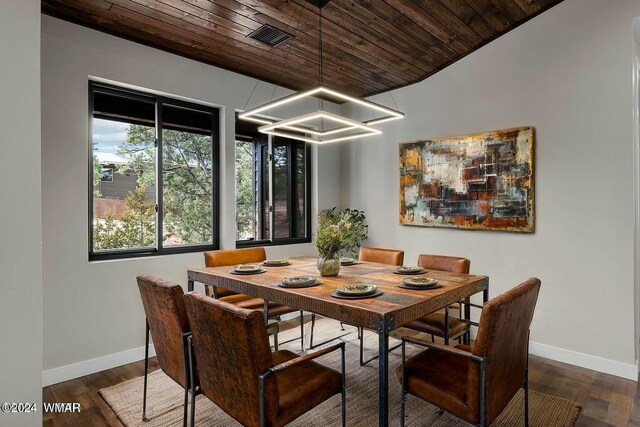 dining space featuring dark wood-style flooring, wooden ceiling, a notable chandelier, and baseboards