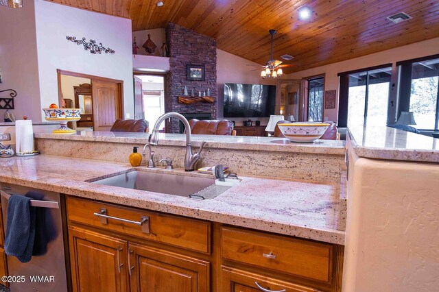 6757 Cheney Ranch Loop, Show Low, AZ 85901 - kitchen with wooden ceiling, open floor plan, light stone countertops, ceiling fan, and lofted ceiling