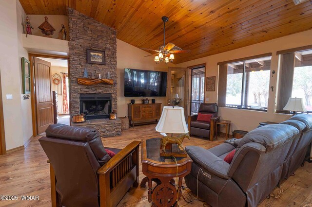 6757 Cheney Ranch Loop, Show Low, AZ 85901 - living area featuring wood ceiling, light wood finished floors, a fireplace, a ceiling fan, and high vaulted ceiling