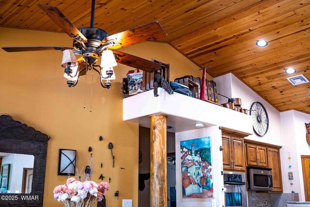 6757 Cheney Ranch Loop, Show Low, AZ 85901 - detailed view of wood ceiling, appliances with stainless steel finishes, ceiling fan, recessed lighting, and decorative columns