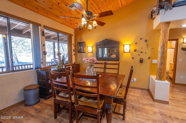 6757 Cheney Ranch Loop, Show Low, AZ 85901 - dining area featuring wood ceiling, a ceiling fan, light wood-style floors, and ornate columns