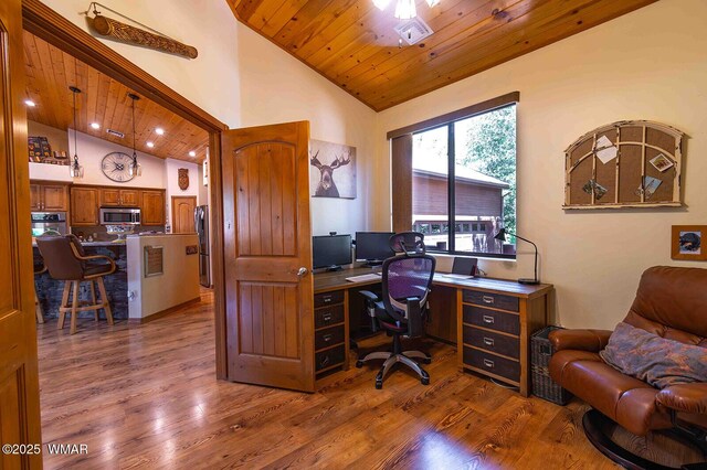 6757 Cheney Ranch Loop, Show Low, AZ 85901 - home office with wood finished floors, wooden ceiling, recessed lighting, and high vaulted ceiling