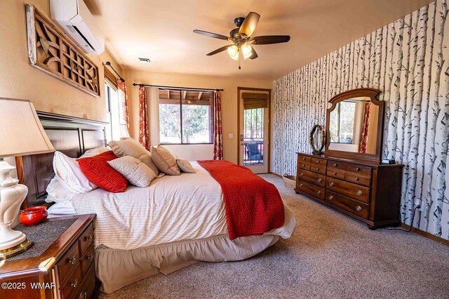 6757 Cheney Ranch Loop, Show Low, AZ 85901 - bedroom with a wall mounted AC, access to exterior, wallpapered walls, carpet, and ceiling fan