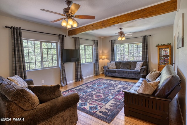 2020 S Pleasantview Dr, Show Low, AZ 85901 - living room with a ceiling fan, wood finished floors, beam ceiling, and baseboards