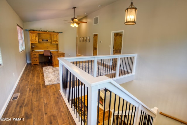 2020 S Pleasantview Dr, Show Low, AZ 85901 - corridor featuring an office area, dark wood-style flooring, baseboards, an upstairs landing, and high vaulted ceiling