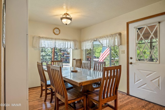 dining room with a textured ceiling and wood finished floors