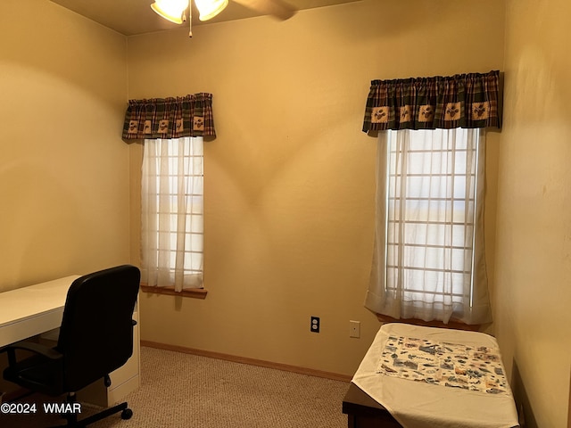 office space with ceiling fan, baseboards, and carpet flooring