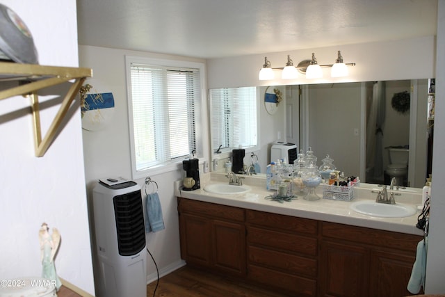 full bathroom featuring a sink, toilet, double vanity, and wood finished floors