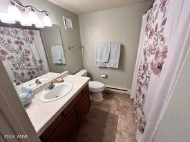 full bathroom with toilet, vanity, and baseboard heating