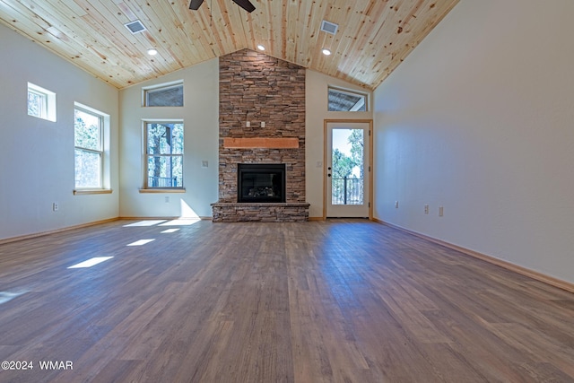 unfurnished living room featuring high vaulted ceiling, wooden ceiling, and wood finished floors