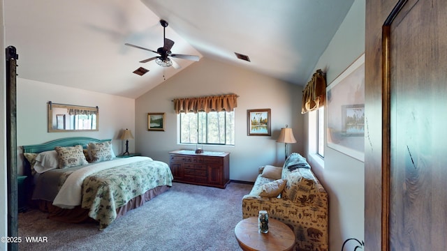 carpeted bedroom with ceiling fan and lofted ceiling
