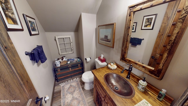 bathroom featuring vanity, toilet, wood finished floors, and lofted ceiling