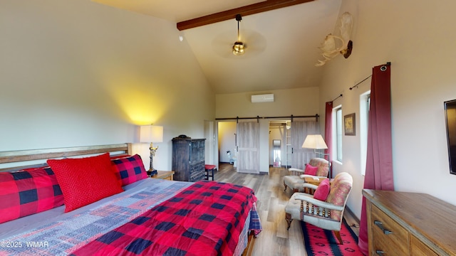 bedroom featuring a barn door, wood finished floors, high vaulted ceiling, and beamed ceiling