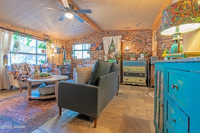 3738 Apache Trl, Pine, AZ 85544 - living area featuring a wood stove, wooden ceiling, and ceiling fan