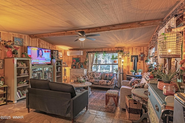 3738 Apache Trl, Pine, AZ 85544 - living room with a wall unit AC, wooden walls, wood ceiling, a ceiling fan, and stone finish floors
