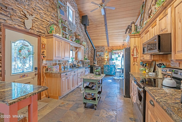 3738 Apache Trl, Pine, AZ 85544 - kitchen featuring stainless steel appliances, a wood stove, wood ceiling, light stone finish floors, and a ceiling fan