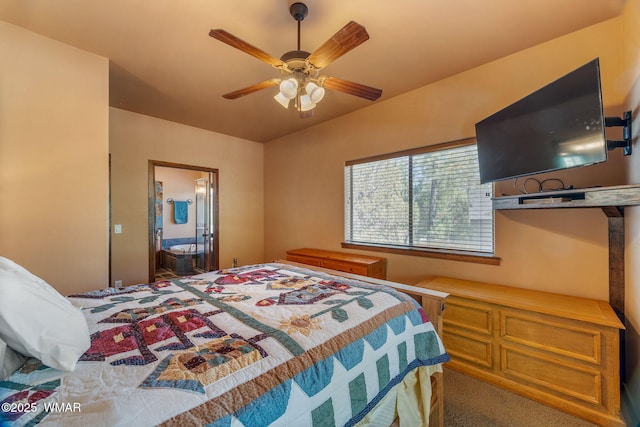 5621 E Starlight Ridge Rd, Lakeside, AZ 85929 - carpeted bedroom featuring a ceiling fan and connected bathroom