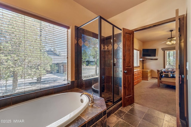 5621 E Starlight Ridge Rd, Lakeside, AZ 85929 - ensuite bathroom with a bath, ceiling fan, and a shower stall