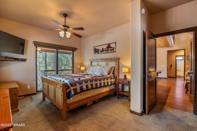 5621 E Starlight Ridge Rd, Lakeside, AZ 85929 - carpeted bedroom featuring access to exterior and a ceiling fan