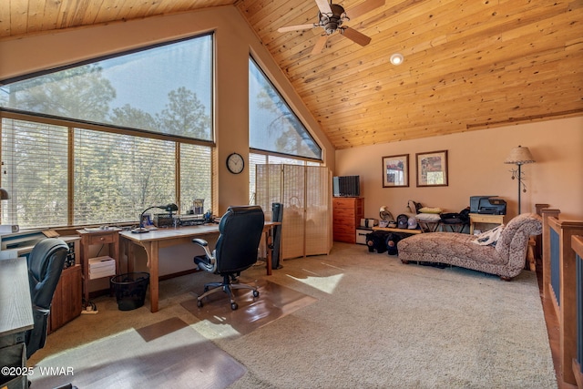 5621 E Starlight Ridge Rd, Lakeside, AZ 85929 - carpeted office space featuring wood ceiling, ceiling fan, and high vaulted ceiling