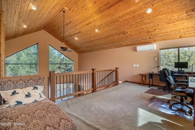 5621 E Starlight Ridge Rd, Lakeside, AZ 85929 - office area featuring a wall unit AC, carpet floors, wood ceiling, recessed lighting, and a ceiling fan
