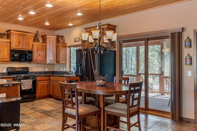 5621 E Starlight Ridge Rd, Lakeside, AZ 85929 - kitchen featuring black appliances, wooden ceiling, brown cabinetry, a chandelier, and recessed lighting