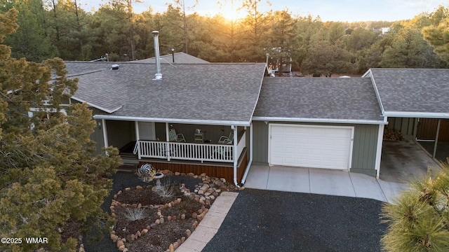 view of front facade featuring covered porch, concrete driveway, a shingled roof, and an attached garage