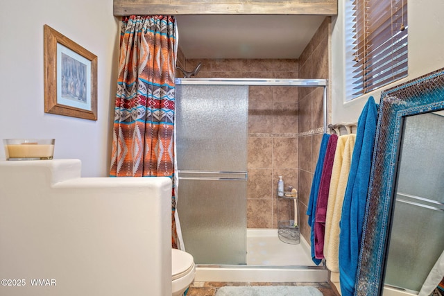 full bathroom with toilet and a shower stall