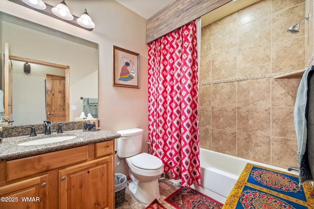 bathroom featuring toilet, vanity, and shower / bathtub combination with curtain