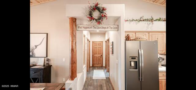 2930 W Lodgepole Ln, Show Low, AZ 85901 - hall with lofted ceiling, wood finished floors, wooden ceiling, and baseboards