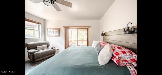 2930 W Lodgepole Ln, Show Low, AZ 85901 - bedroom featuring access to exterior, wood finished floors, and a ceiling fan