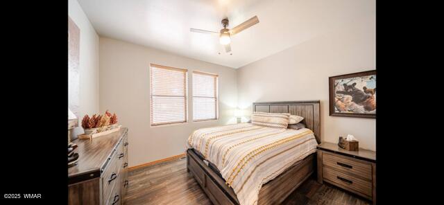 2930 W Lodgepole Ln, Show Low, AZ 85901 - bedroom with dark wood-type flooring, vaulted ceiling, and a ceiling fan