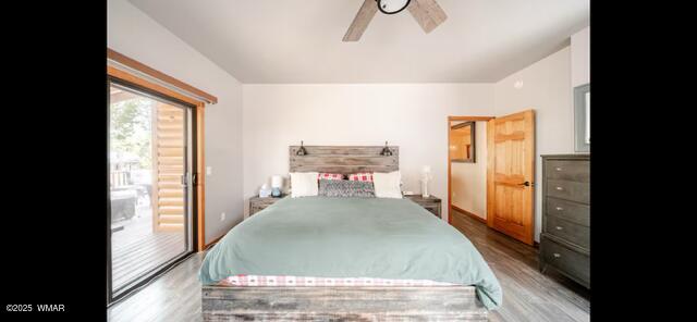 2930 W Lodgepole Ln, Show Low, AZ 85901 - bedroom with access to outside, wood finished floors, ceiling fan, and vaulted ceiling