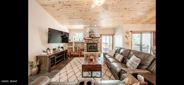 2930 W Lodgepole Ln, Show Low, AZ 85901 - living room with wooden ceiling, a ceiling fan, a fireplace, wood finished floors, and vaulted ceiling