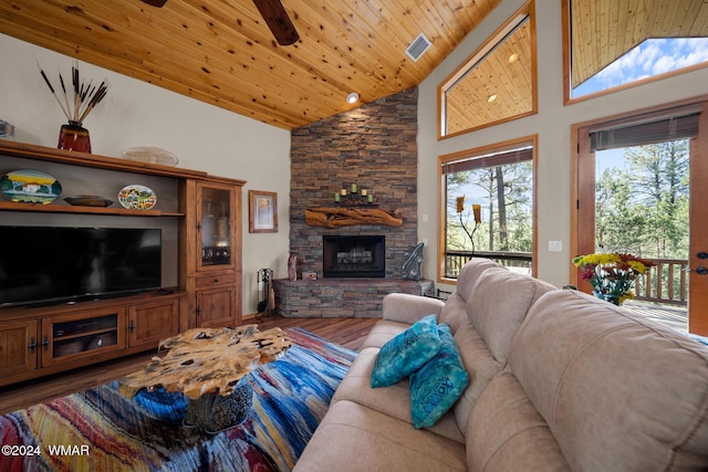 living area with high vaulted ceiling, wooden ceiling, a fireplace, wood finished floors, and visible vents