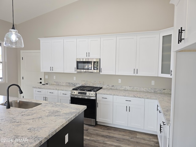 kitchen featuring stainless steel appliances, a sink, glass insert cabinets, and white cabinets