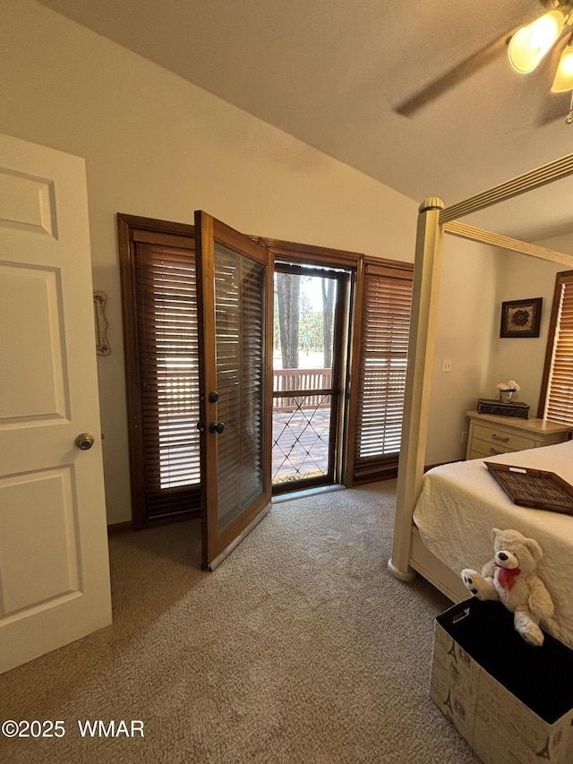 bedroom with lofted ceiling, access to outside, carpet floors, and ceiling fan