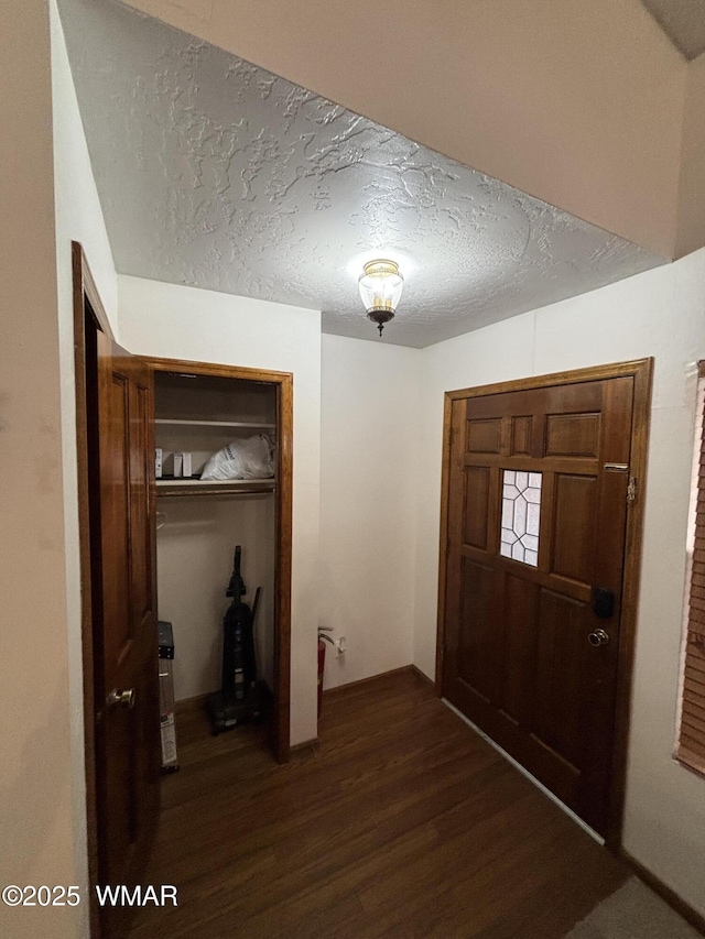 foyer featuring dark wood-style floors and a textured ceiling