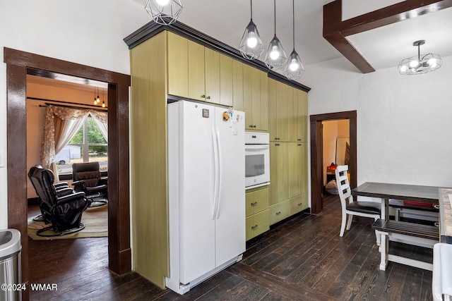 kitchen featuring dark wood-style floors, white appliances, hanging light fixtures, and beamed ceiling