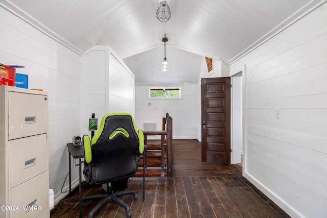 office with dark wood finished floors, vaulted ceiling, and wood walls