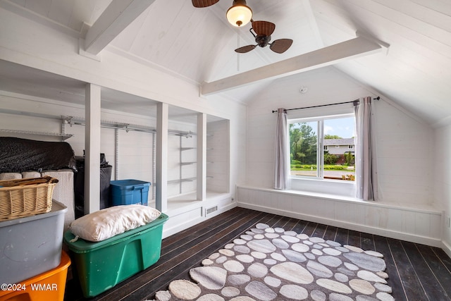 bonus room featuring vaulted ceiling with beams, ceiling fan, and dark wood-style flooring