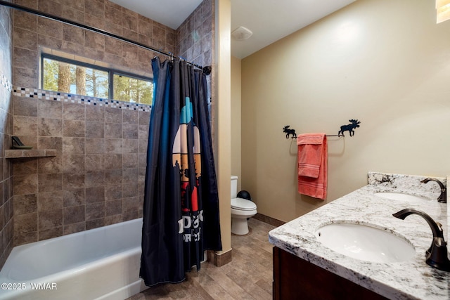 full bathroom featuring shower / tub combo, toilet, wood finished floors, and a sink