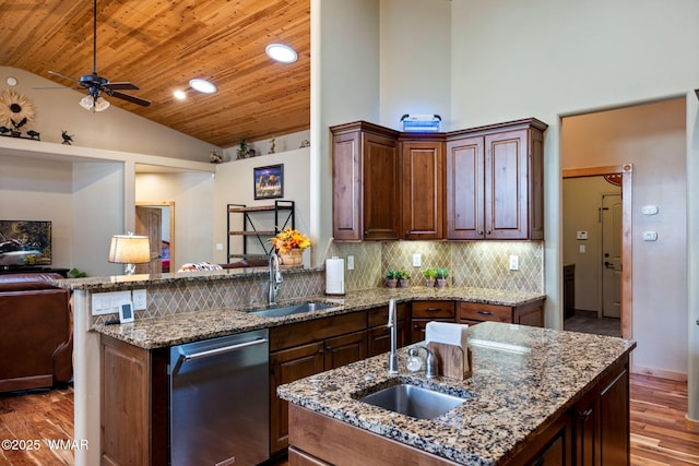 kitchen with tasteful backsplash, dishwasher, wood ceiling, wood finished floors, and a sink