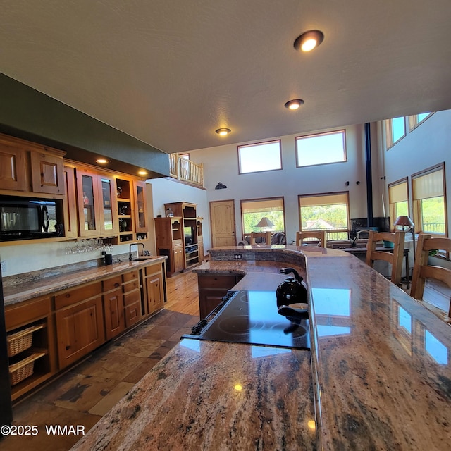 822 E 1st Ln, Eagar, AZ 85925 - kitchen featuring black appliances, brown cabinets, a sink, glass insert cabinets, and dark stone counters