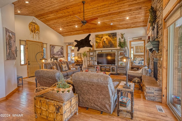 living area with light wood-type flooring, wooden ceiling, a fireplace, and visible vents